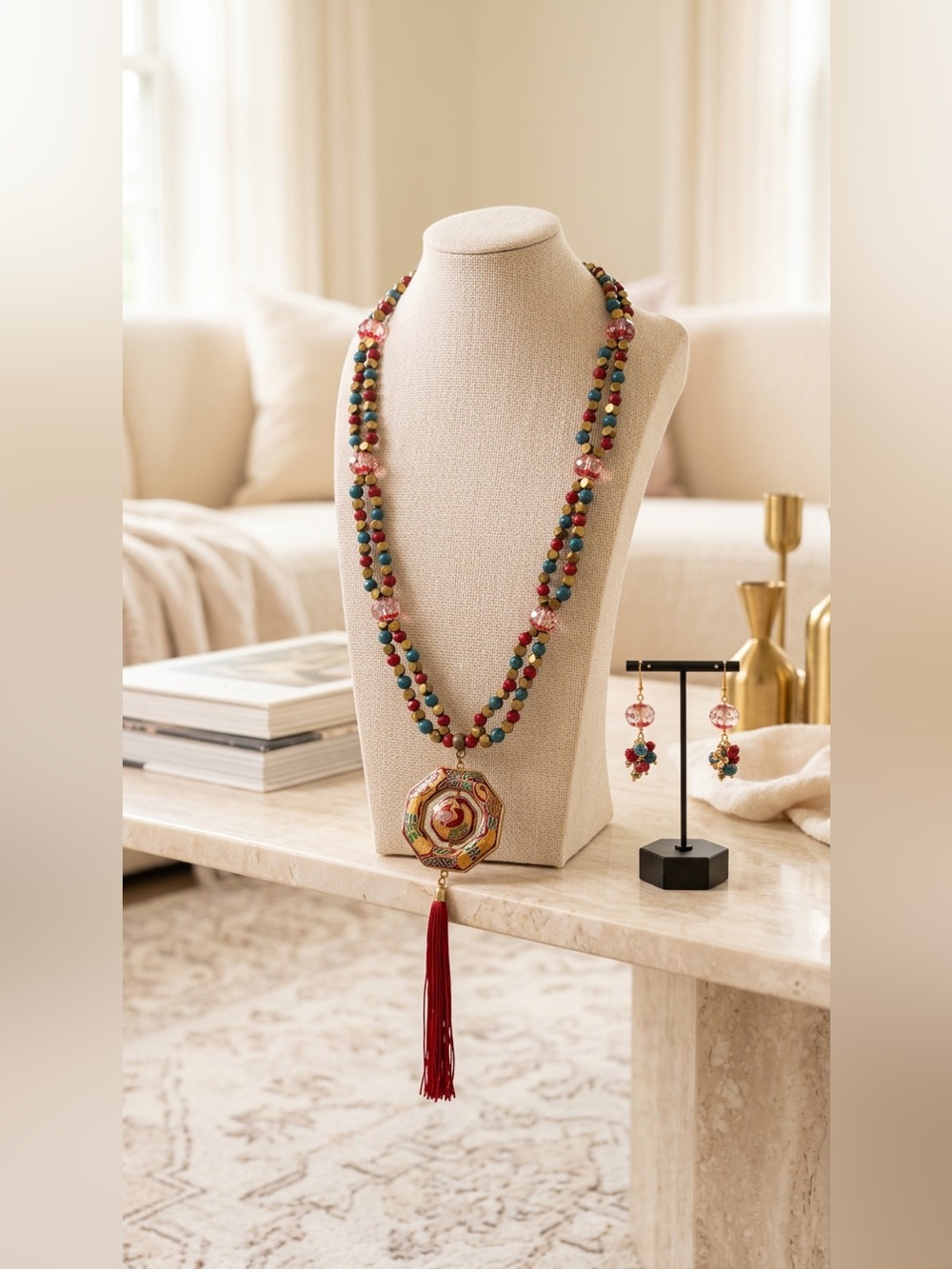 Handmade Glass Beaded Earrings &  Necklace with Cloisonné Pendant &  Red Tassel